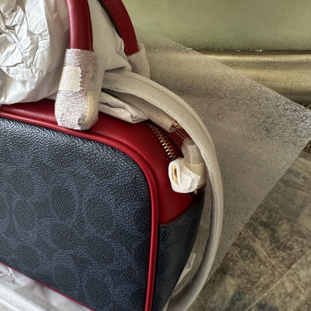 Satchel Crossbody Bag In Signature Canvas Denim/Bold Red CW197 - Picture 11 of 16